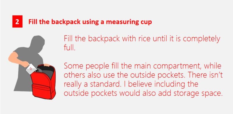 2.measure backpack volume with a stuff