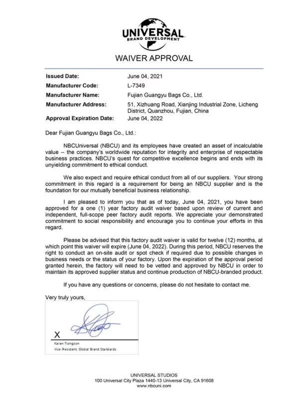fujian guangyu bags co., ltd. 1 year waiver approval letter